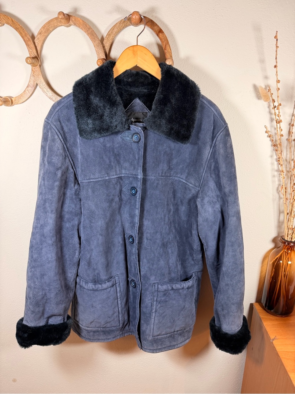 Vintage 90s Y2K Dennis Basso Blue Suede Leather Faux Fur Coat M